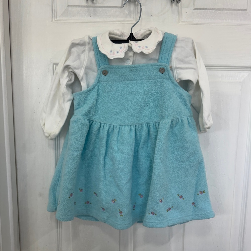 Vintage OshKosh B'Gosh Overall Dress Floral Baby Blue Ruffle Top Long Sleeve